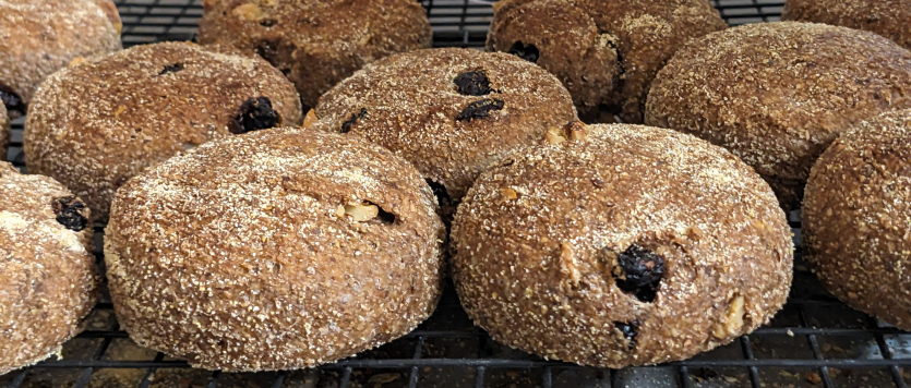 English muffins with walnuts and raisins, baked